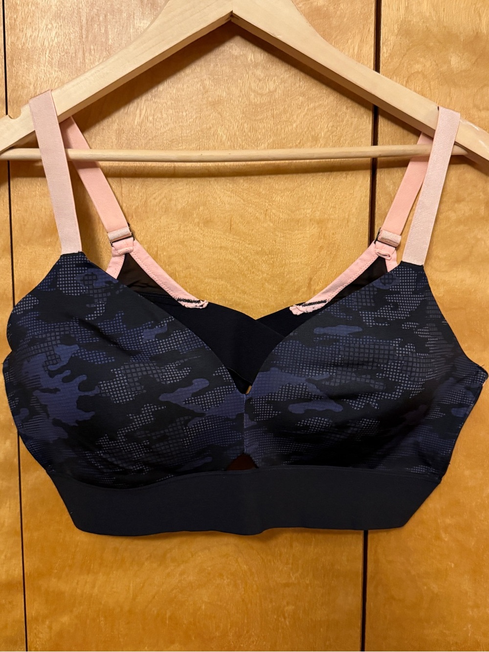 SPANX Navy Camo Wireless Bra with Pink Straps
